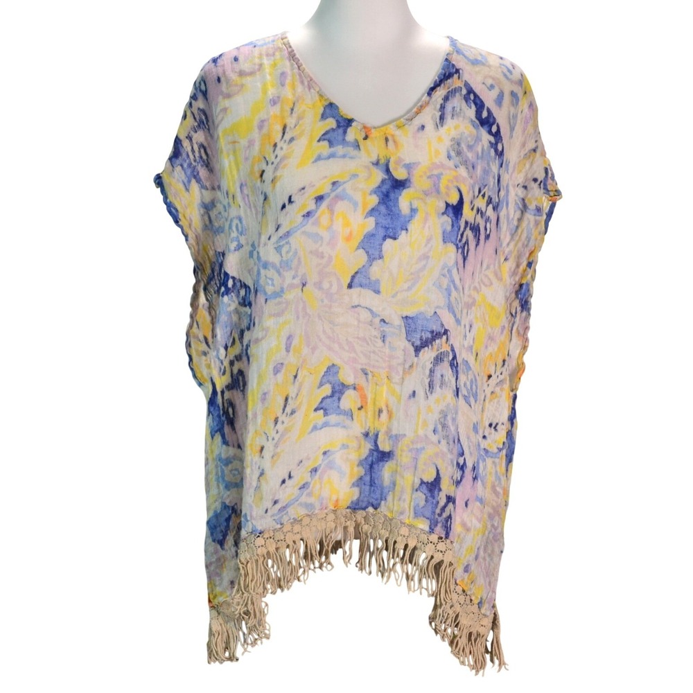 Chico's Linen Fringe Poncho Top Casual Cover Pastel Blue Yellow Pink Boho Tunic